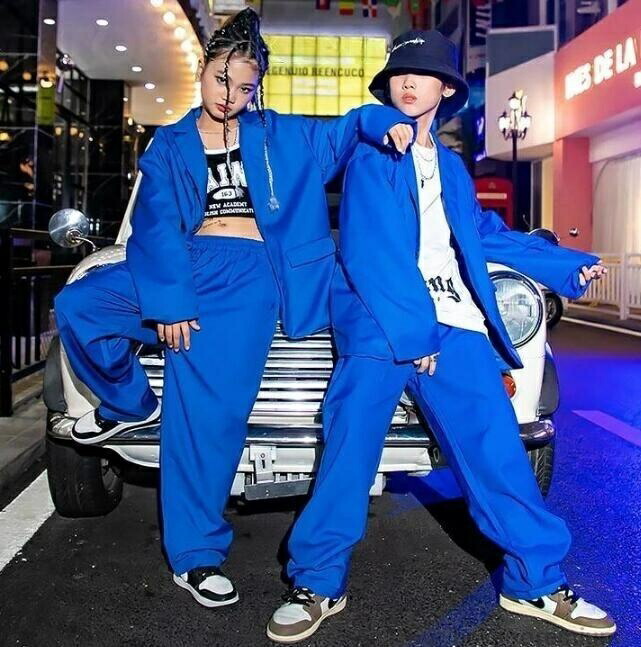 【送料無料】ダンス衣装 キッズ ヒップポップ風 ダンス服 ダンスの練習 おしゃれ かっこいい 男の子 女の子 トップス シンプル 長袖 ダンス 上下セット スーツ ブルー セットアップ 10代 20代