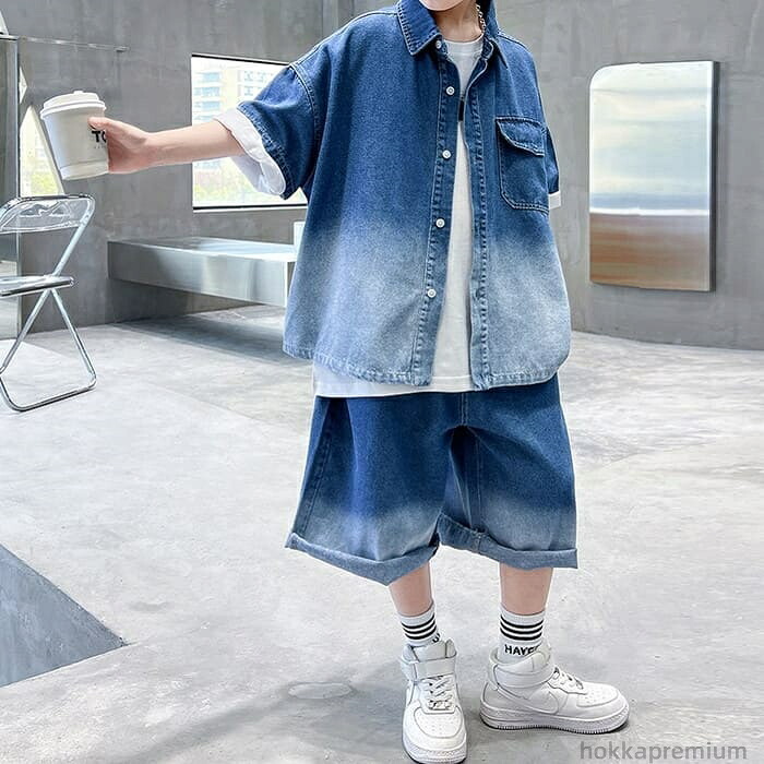 【送料無料】小学生 男の子 セットアップ デニムシャツ ハーフパンツ 2点セット カラーグラデーション 半袖 春夏 パンツスーツ 通学