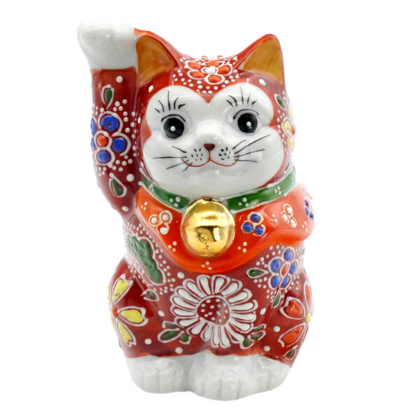 九谷焼 招き猫（右手金運招き猫）4号赤盛