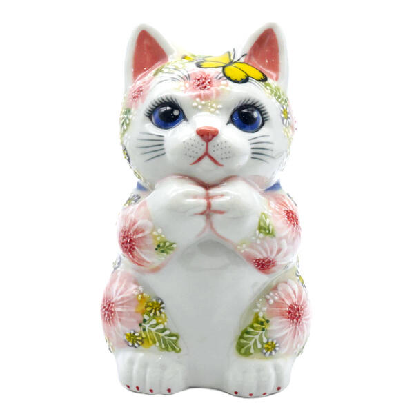 下野邦子 九谷焼願掛け猫（お祈り猫）5.2号下絵イッチン華盛 花と蝶 10013011