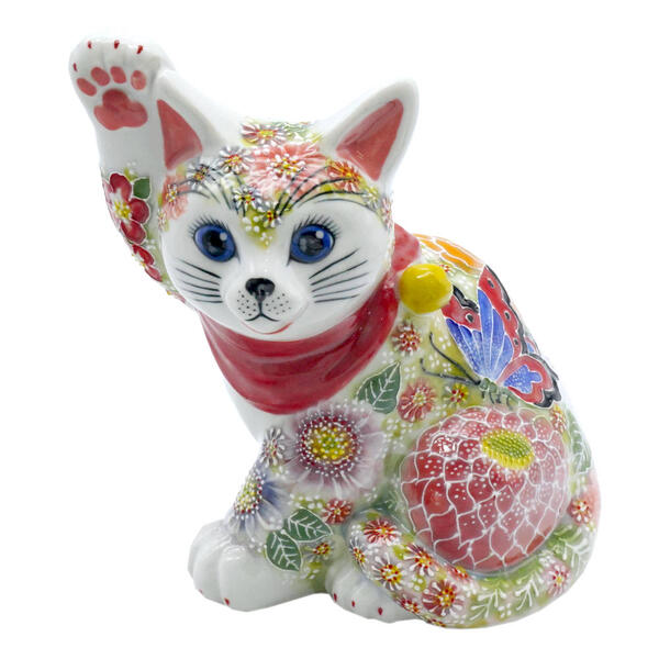 下野邦子 九谷焼招き猫（右寄り金運招き猫）5.5号横座り 下描きイッチン華盛 10013012