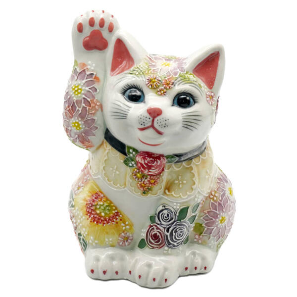 下野邦子 九谷焼招き猫（右寄り金運招き猫）5.7号下描きイッチン華盛 前垂れ黄色 10013052