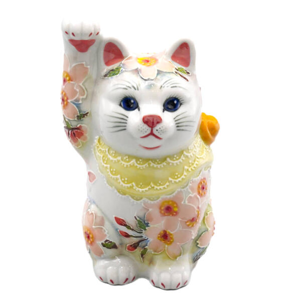 下野邦子 九谷焼招き猫（右寄り金運招き猫）4号下描きイッチン桜盛 10013146