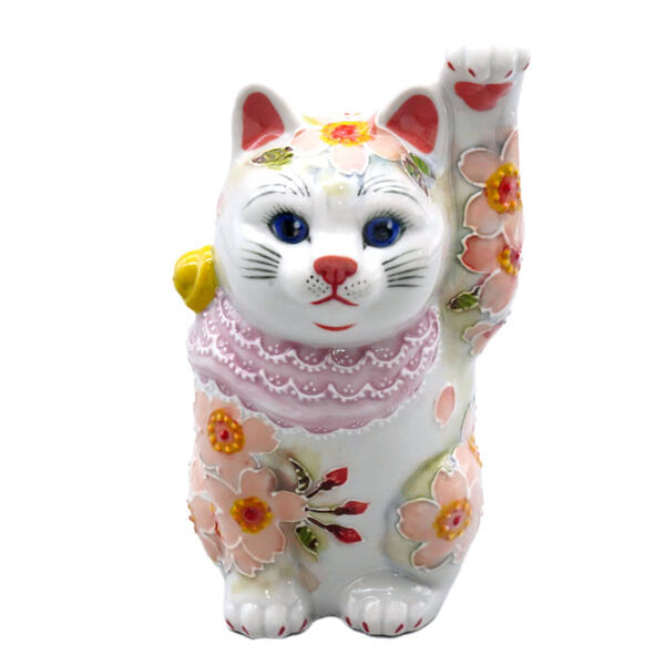 下野邦子 九谷焼招き猫（押し手人取り引き先招き猫）4号下描きイッチン桜盛 10013147