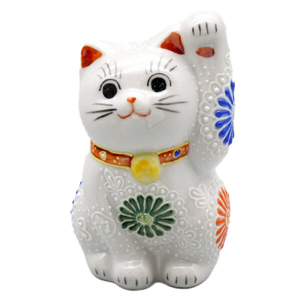 九谷焼 招き猫（左手人お客招き猫）3号白盛