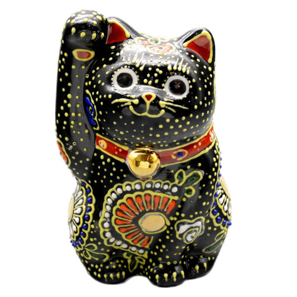 九谷焼 招き猫(右手金運招き猫)3号黒盛|九谷陶芸 北山堂 店