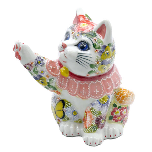下野邦子 九谷焼手当たり猫（右寄り金運招き猫）6.5号下描きイッチン華盛 前垂れさくら色 10013015