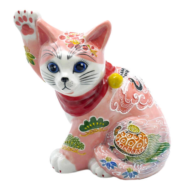 下野邦子 九谷焼招き猫（右寄り金運招き猫）5.5号横座り 桃盛 鶴亀に松竹梅 10013013