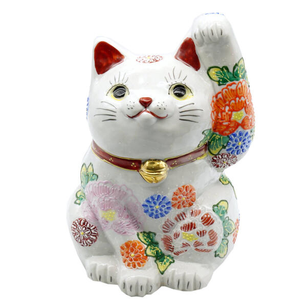 九谷焼 招き猫（押し手人取り引き先招き猫）7号白盛 花づくし 10013089