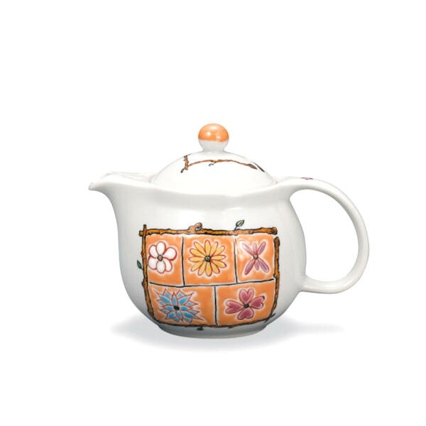 岩田玲子 九谷焼ポット急須（460竓）お花BOX オレンジ色 AP8-5097 急須-茶道具・湯呑・急須-コーヒー・お茶用品