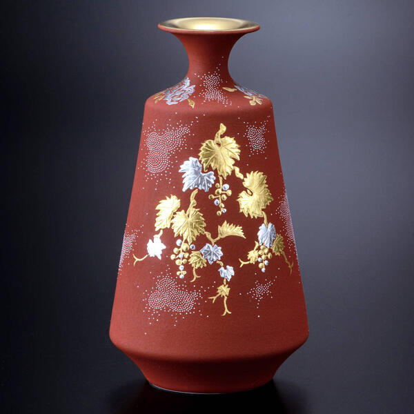 仲田錦玉 九谷焼6.5号花器 白金盛（プラチナ盛）葡萄図 白粒 K9-2039 [花瓶 一輪生け]｜九谷陶芸　北山堂　店