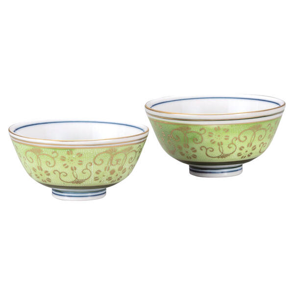 九谷焼 組飯碗（夫婦関係茶碗）白粒鉄仙きみどり K9-545 [上げ米茶碗ありの実仕掛ける]