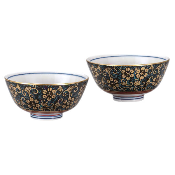 九谷焼 組飯碗（夫婦関係茶碗）青粒鉄仙 K9-549 [上げ米茶碗ありの実仕掛ける]