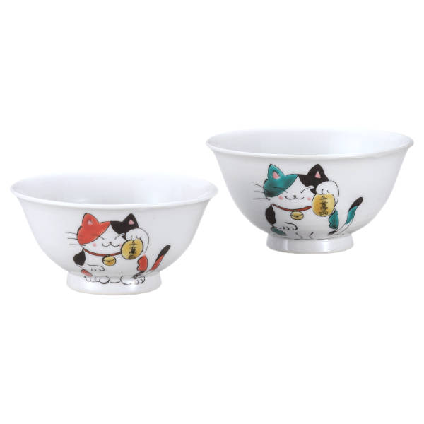 西田裕子 九谷焼組飯碗（夫婦茶碗）ねこ K9-560 [ご飯茶碗ペアセット 招き猫]