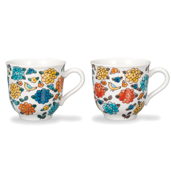九谷焼 双鳩窯ペアマグカップ 小鳥とマリーゴールド AP8-0767｜九谷陶芸　北山堂　店