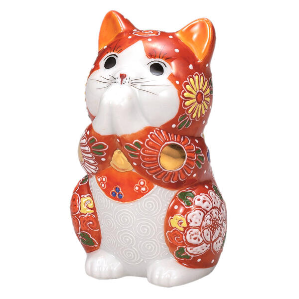 九谷焼 3.8号お祈り猫（招き猫）赤盛K9-1613｜九谷陶芸　北山堂　店