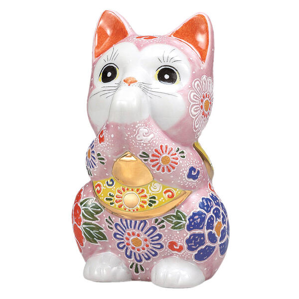 九谷焼 6号お祈り猫（招き猫）ピンク盛K9-1616