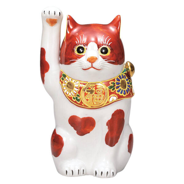 九谷焼 6号招き猫（右手金運招き猫）赤ブチK9-1635｜九谷陶芸　北山堂　店
