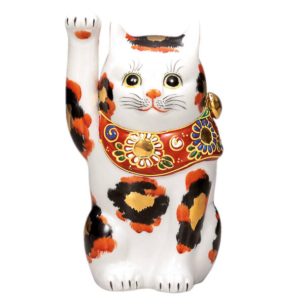 九谷焼 6号招き猫（右手金運招き猫）金三毛K9-1638