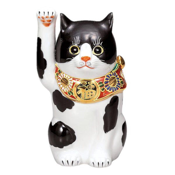 九谷焼 7号招き猫（右手金運招き猫）黒ブチK9-1644
