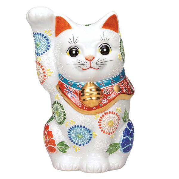 九谷焼 8号招き猫（右手金運招き猫）白盛K9-1657