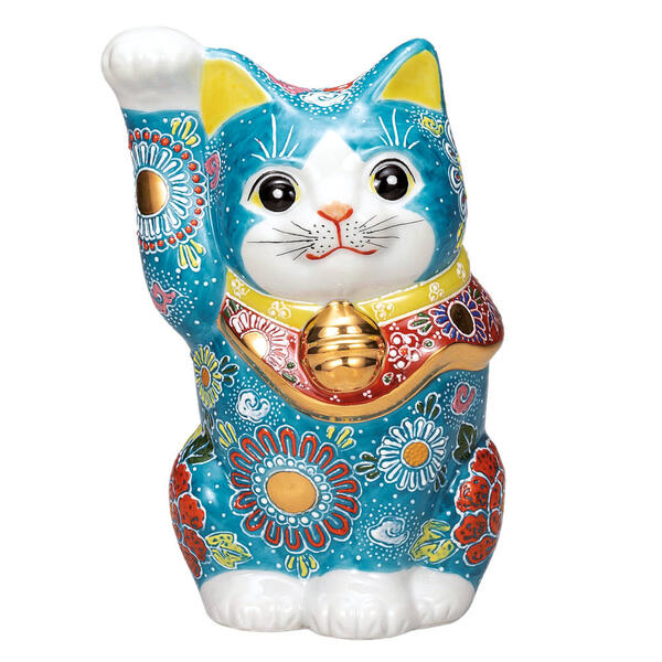 九谷焼 8号招き猫(右手金運招き猫)深青盛K9-1663|九谷陶芸 北山堂 店