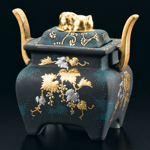 仲田錦玉 九谷焼香炉 白金盛（プラチナ盛）葡萄図 青粒 AP8-7024 [床の間飾り お香 仏具]