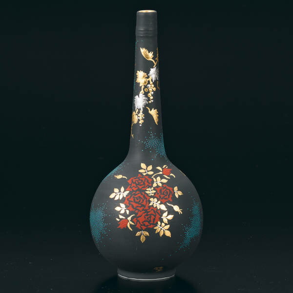 仲田錦玉 九谷焼花入 白金盛（プラチナ盛）薔薇葡萄図 青粒 AP8-7025 [花瓶 花器]