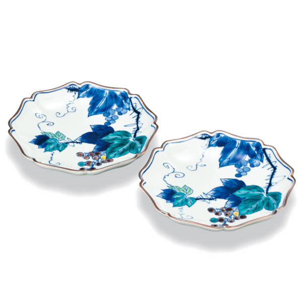 九谷焼 ペア6号皿 染付ぶどう AP8-0231｜九谷陶芸　北山堂　店