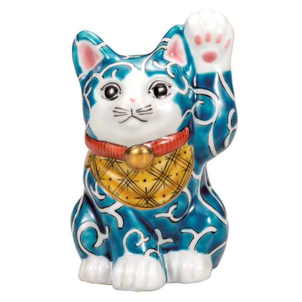 佐藤毅志 九谷焼4号招き猫（左手人お客招き猫）色絵唐草K9-1629