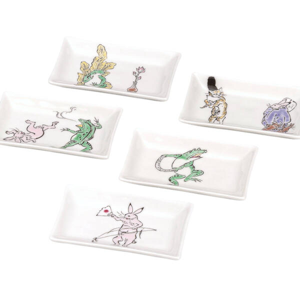 九谷焼 4号皿揃（長角皿5枚仕掛ける）九谷毛の荒物ポンチ絵K9-88 食器-皿・プレート