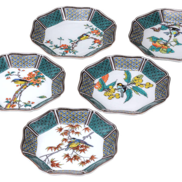 九谷焼 花と鳥の八角形皿 5枚セット 九谷焼 花と鳥の八角形皿 5枚