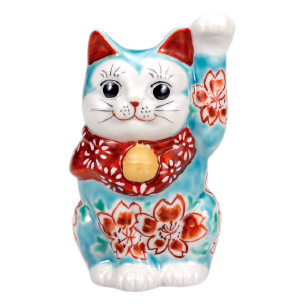 九谷焼 3.3号招き猫（左手人お客招き猫）トルコブルー釉桜K9-1569｜九谷陶芸　北山堂　店