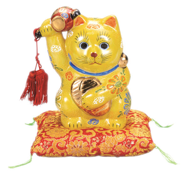 九谷焼 6号小槌上がり小判招き猫（右寄り金運招き猫）黄盛（布団付）K9-1649