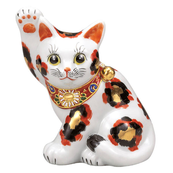 九谷焼 5.5号招き猫（右手金運招き猫）金三毛 横座りK9-1549