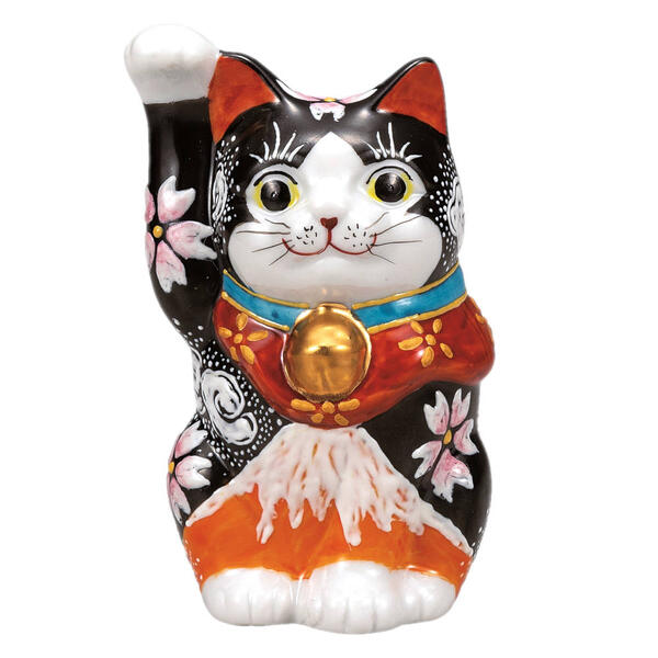九谷焼 4号招き猫（右手金運招き猫）赤富士K9-1587