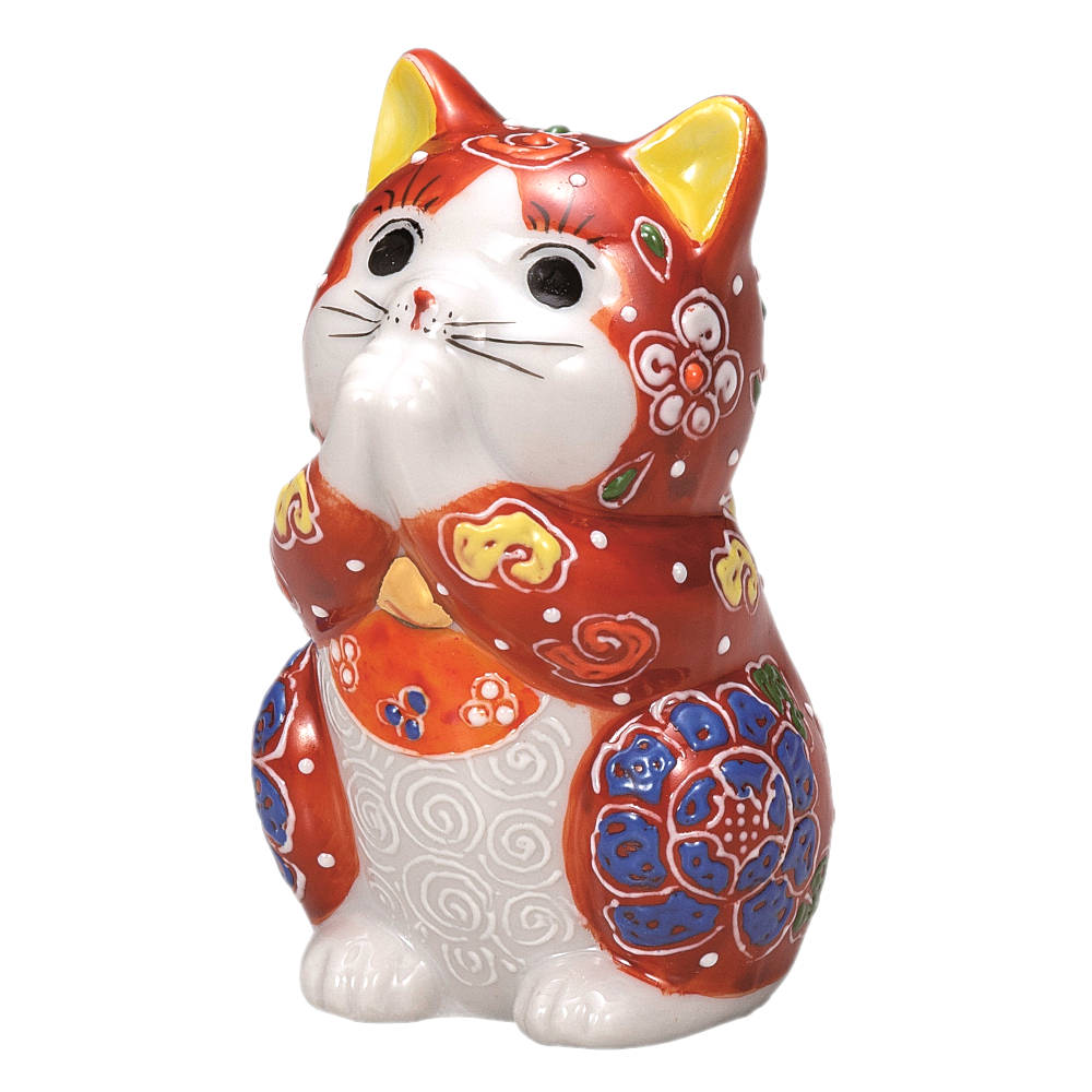 九谷焼 2.7号お祈り猫（招き猫）赤盛K9-1595