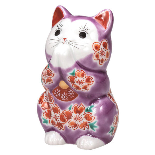 九谷焼 3.8号お祈り猫（招き猫）パープル釉桜K9-1610
