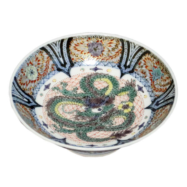 三浦晃禎 九谷焼盃 青華紅彩龍ノ図