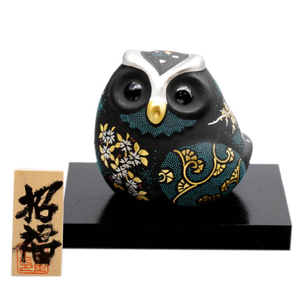 仲田錦玉 九谷焼3号福来朗（ふくろう）白金盛(プラチナ盛)枝垂桜・梅・椿 青粒
