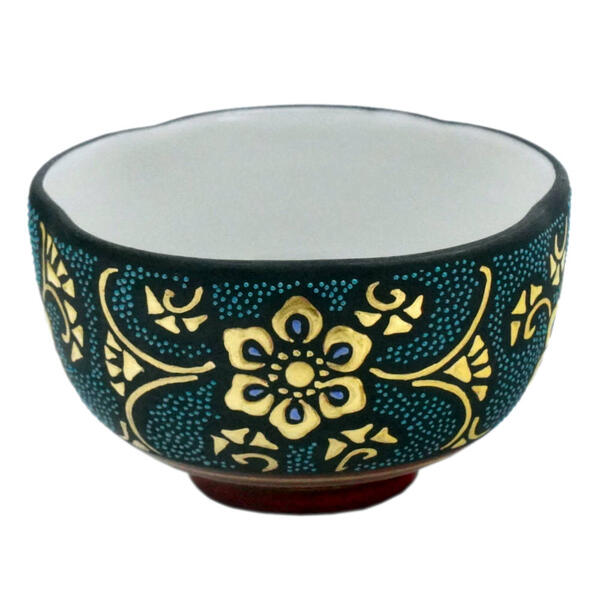 （萌）仲田　錦玉　「青粒唐草酒盃　金彩」 仲田錦玉 九谷焼六角酒盃 渦打青粒盛金宝相華唐草 月下梅