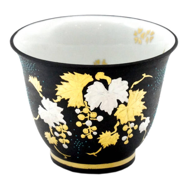 九谷焼 盛山造 金襴手 青粒 蔓花文 酒盃 記念盃 二客 布