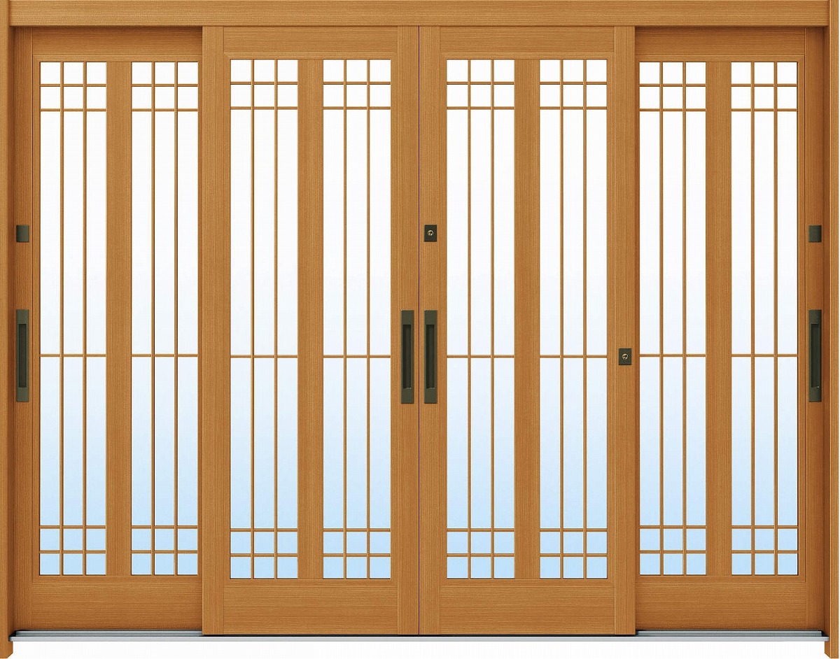 YKKAP玄関 玄関引戸 れん樹[伝統和風] 9尺4枚建[ランマ無] Ａ13[木目柄]：単板ガラス[幅2600mm&times;高1930mm]【ykk】【YKK玄関引き戸】【引き戸】【れんじゅ】【玄関戸】【玄関ドア引戸】｜ノース＆ウエスト