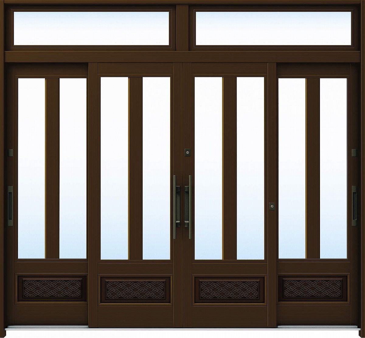 YKKAP玄関 断熱玄関引戸 れん樹[伝統和風] 9尺4枚建[ランマ付] A08[アルミ色]：複層ガラス[幅2600mm&times;高2330mm]【ykk】【YKK玄関引き戸】【れんじゅ】【玄関戸】【玄関ドア引戸】【gennkann】｜ノース＆ウエスト