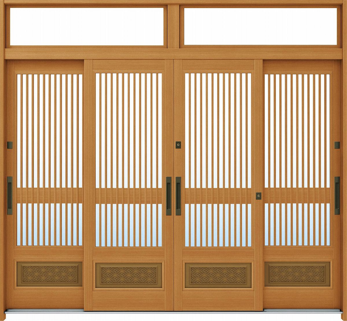 YKKAP玄関 玄関引戸 れん樹[伝統和風] 9尺4枚建[ランマ付] Ａ04[木目柄]：単板ガラス[幅2600mm&times;高2330mm]【ykk】【YKK玄関引き戸】【引き戸】【れんじゅ】【玄関戸】【玄関ドア引戸】｜ノース＆ウエスト