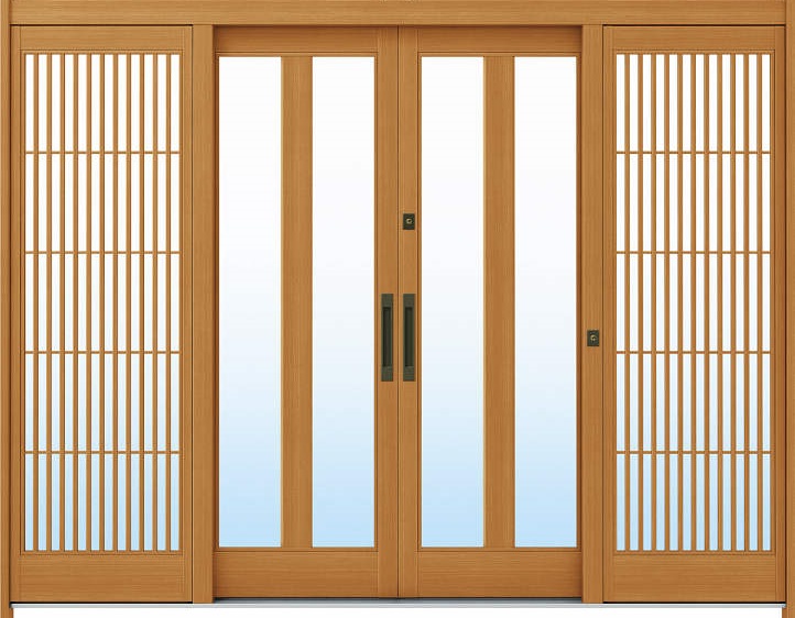 YKKAP玄関 玄関引戸 れん樹[伝統和風] 9尺引分け戸[ランマ無] A07[木目柄]：単板ガラス[幅2600mm&times;高1960mm]【ykk】【YKK玄関引き戸】【引き戸】【れんじゅ】【玄関戸】【玄関ドア引戸】｜ノース＆ウエスト