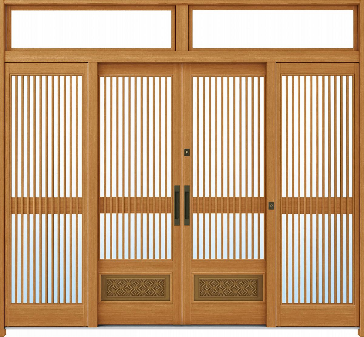 YKKAP玄関 玄関引戸 れん樹[伝統和風] 9尺引分け戸[ランマ付] A04[木目柄]：単板ガラス[幅2600mm&times;高2330mm]【ykk】【YKK玄関引き戸】【引き戸】【れんじゅ】【玄関戸】【玄関ドア引戸】｜ノース＆ウエスト