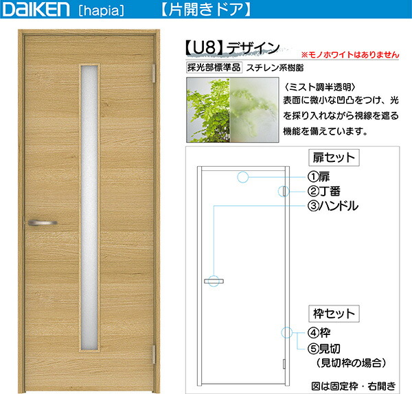 DAIKEN室内ドア ieria(イエリア)リビングドア 開き戸 片開きドア 価格帯47762円～：U8デザイン 高さ:2045mm(Nスタンダード丁番)、2033mm(ピボット丁番)