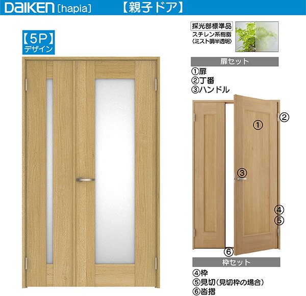 DAIKEN室内ドア ieria(イエリア)リビングドア 開き戸 親子ドア 価格帯146432円～：5Pデザイン　幅:1195m　高さ:2045mm(Nスタンダード丁番)、2033mm(ピボット丁番)