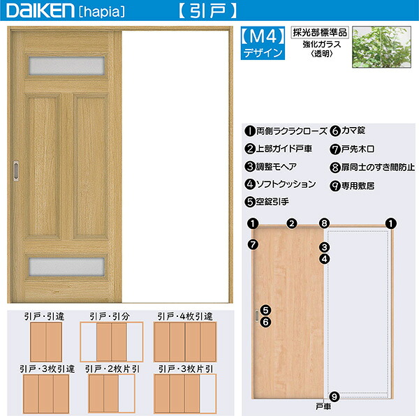 DAIKEN室内ドア ieria(イエリア)リビングドア 引戸 4枚引違い戸 価格帯312670円～：M4デザイン　幅:3255mm　高さ:2045mm